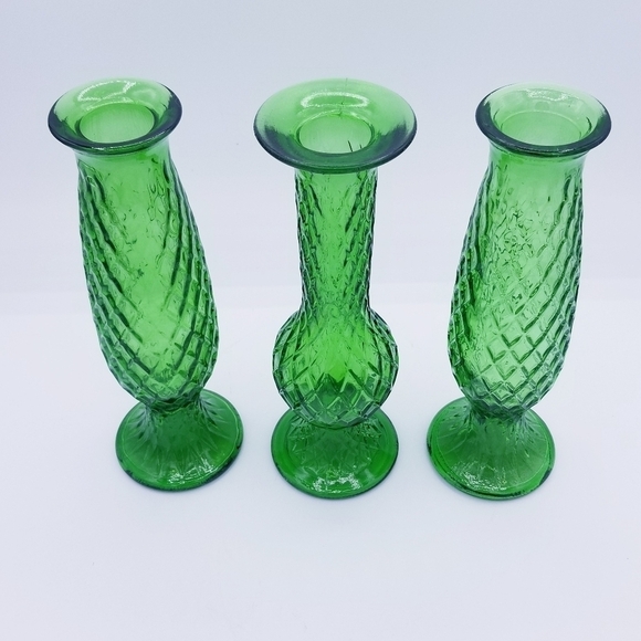 Vintage E.O. Brody Co Emerald Green Glass Bud Vases Diamond Pattern 7-1/2" - Picture 2 of 7